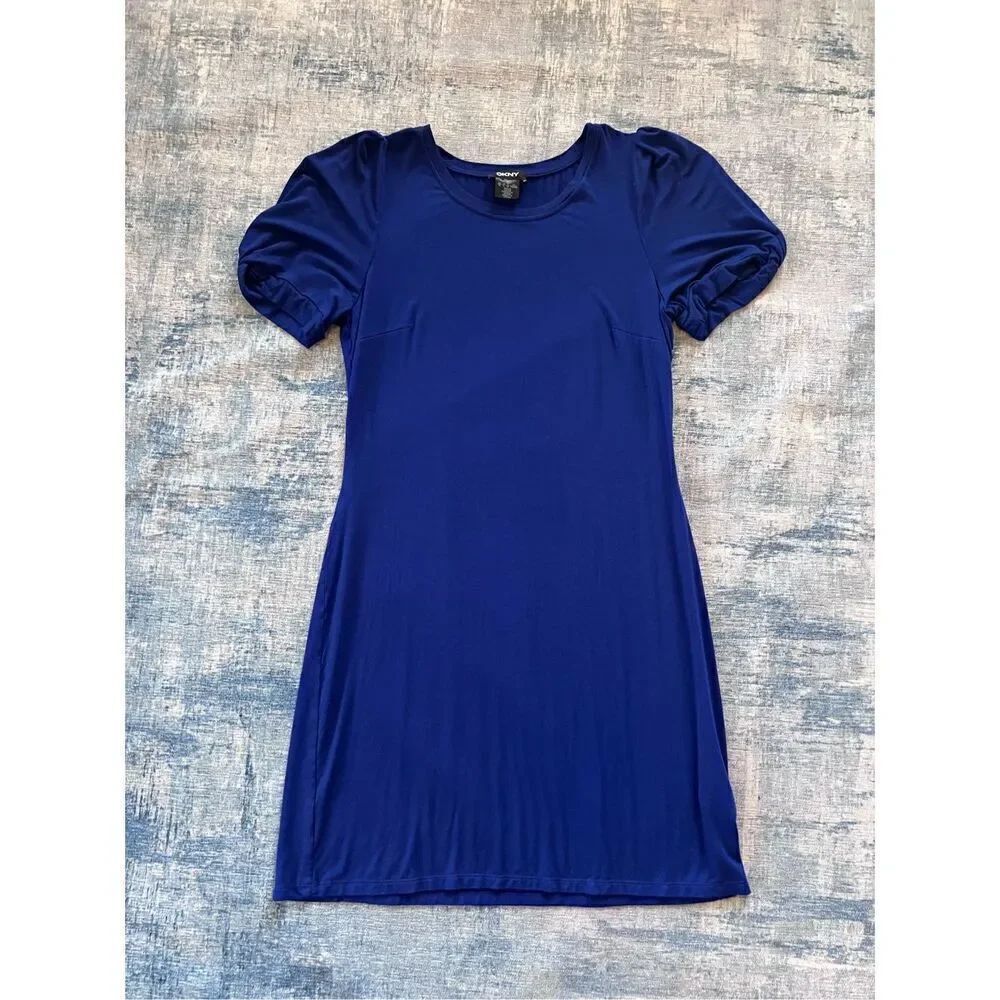 DKNY Blue Stretch Crew Neck Short Sleeve Tee Shirt Sheath Dress Large